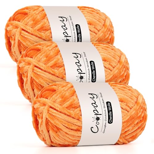 Coopay Chenille Wolle zum Häkeln, 3x100g Samtig Chenillegarn, Dicke Flauschige Weich Chenille Garn, Chenille Wolle, Weicher Plüschwolle Häkelgarn für Decken, Schals - Orange von Coopay