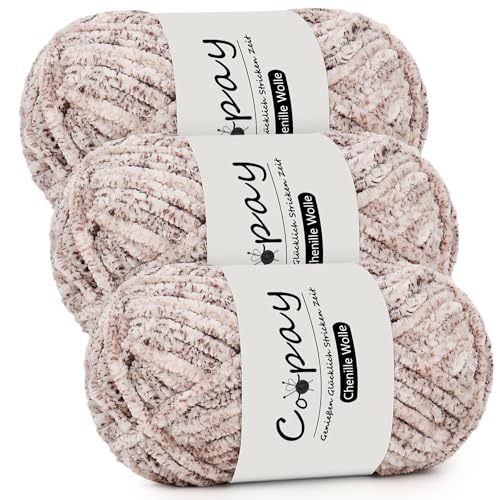 Coopay Chenille Wolle zum Häkeln, 3x100g Samtig Chenillegarn, Dicke Flauschige Weich Chenille Garn, Chenille Wolle, Weicher Plüschwolle Häkelgarn für Decken, Schals - Rosa und Schwarz von Coopay