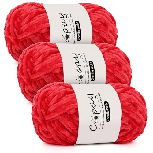 Coopay Chenille Wolle zum Häkeln, 3x100g Samtig Chenillegarn, Dicke Flauschige Weich Chenille Garn, Chenille Wolle, Weicher Plüschwolle Häkelgarn für Decken, Schals - Rot von Coopay