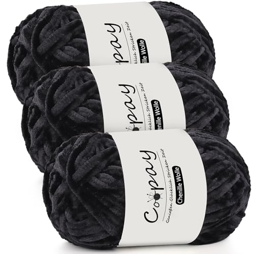 Coopay Chenille Wolle zum Häkeln, 3x100g Samtig Chenillegarn, Dicke Flauschige Weich Chenille Garn, Chenille Wolle, Weicher Plüschwolle Häkelgarn für Decken, Schals - Schwarz von Coopay