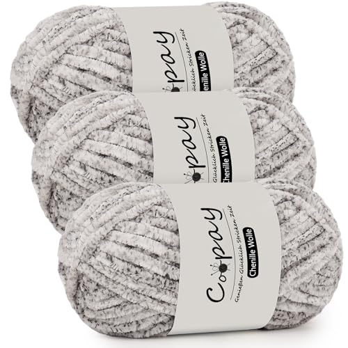 Coopay Chenille Wolle zum Häkeln, 3x100g Samtig Chenillegarn, Dicke Flauschige Weich Chenille Garn, Chenille Wolle, Weicher Plüschwolle Häkelgarn für Decken, Schals - Wasser und Tintenreim von Coopay