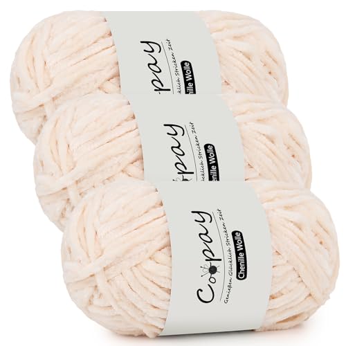 Coopay Chenille Wolle zum Häkeln, 3x100g Samtig Chenillegarn, Dicke Flauschige Weich Chenille Garn, Chenille Wolle, Weicher Plüschwolle Häkelgarn für Decken, Schals - Weiß Rosa von Coopay