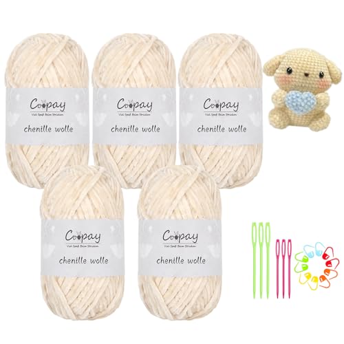 Coopay Chenille Wolle zum Häkeln, 5x100g Samtig Chenillegarn, Flauschige Weich Chenille Garn, Chenille Wolle mit Häkelzubehör, Weicher Plüschwolle Häkelgarn für Decken, Schals - Beige Kamel von Coopay