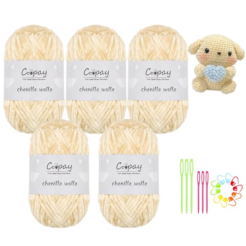 Coopay Chenille Wolle zum Häkeln, 5x100g Samtig Chenillegarn, Flauschige Weich Chenille Garn, Chenille Wolle mit Häkelzubehör, Weicher Plüschwolle Häkelgarn für Decken, Schals - Beige von Coopay