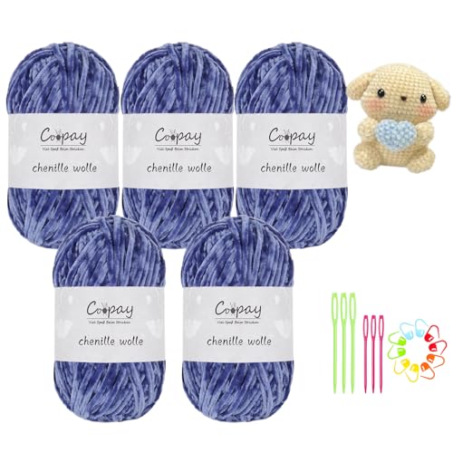 Coopay Chenille Wolle zum Häkeln, 5x100g Samtig Chenillegarn, Flauschige Weich Chenille Garn, Chenille Wolle mit Häkelzubehör, Weicher Plüschwolle Häkelgarn für Decken, Schals - Denim Blue von Coopay