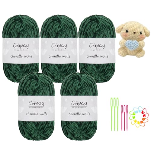 Coopay Chenille Wolle zum Häkeln, 5x100g Samtig Chenillegarn, Flauschige Weich Chenille Garn, Chenille Wolle mit Häkelzubehör, Weicher Plüschwolle Häkelgarn für Decken, Schals - Dunkelgrün von Coopay