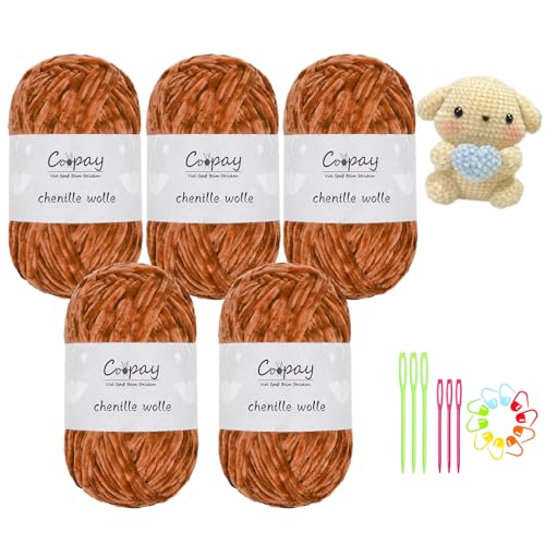 Coopay Chenille Wolle zum Häkeln, 5x100g Samtig Chenillegarn, Flauschige Weich Chenille Garn, Chenille Wolle mit Häkelzubehör, Weicher Plüschwolle Häkelgarn für Decken, Schals - Karamell von Coopay