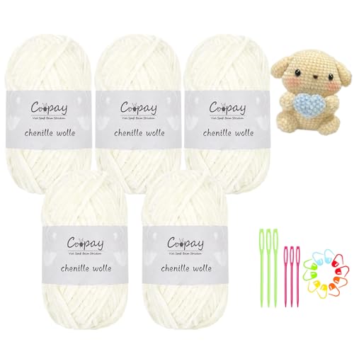 Coopay Chenille Wolle zum Häkeln, 5x100g Samtig Chenillegarn, Flauschige Weich Chenille Garn, Chenille Wolle mit Häkelzubehör, Weicher Plüschwolle Häkelgarn für Decken, Schals - Milchig Weiß von Coopay