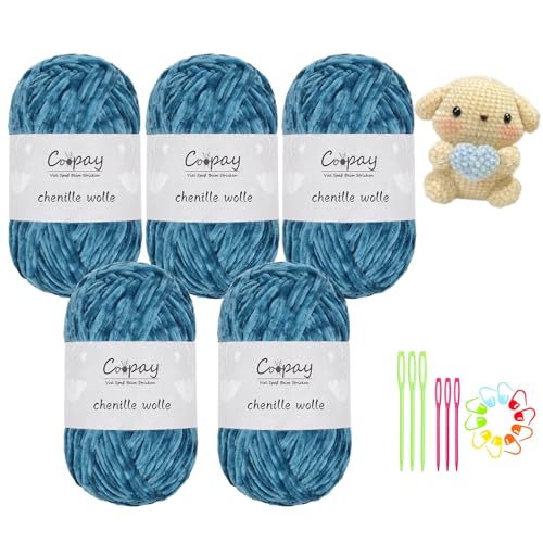 Coopay Chenille Wolle zum Häkeln, 5x100g Samtig Chenillegarn, Flauschige Weich Chenille Garn, Chenille Wolle mit Häkelzubehör, Weicher Plüschwolle Häkelgarn für Decken, Schals - Pfauenblau von Coopay