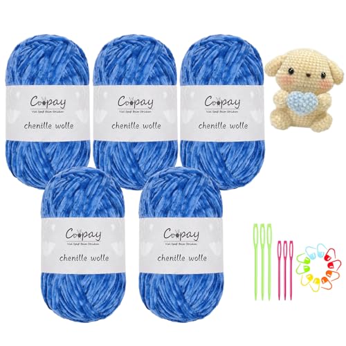 Coopay Chenille Wolle zum Häkeln, 5x100g Samtig Chenillegarn, Flauschige Weich Chenille Garn, Chenille Wolle mit Häkelzubehör, Weicher Plüschwolle Häkelgarn für Decken, Schals - Saphir von Coopay