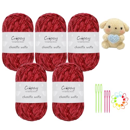 Coopay Chenille Wolle zum Häkeln, 5x100g Samtig Chenillegarn, Flauschige Weich Chenille Garn, Chenille Wolle mit Häkelzubehör, Weicher Plüschwolle Häkelgarn für Decken, Schals - Zwei Rote von Coopay