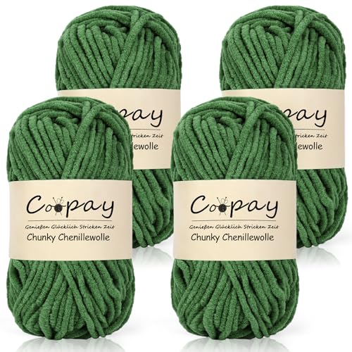 Coopay Chunky Wolle zum Häkeln, 4x50g Flauschig Chunky Chenille-Wolle zum Häkeln Dickes Garn, Super Weiches Dicke Wolle, Grobes Chenille-Garn für Hüte, Schals, Socken, Taschen - Armeegrün von Coopay