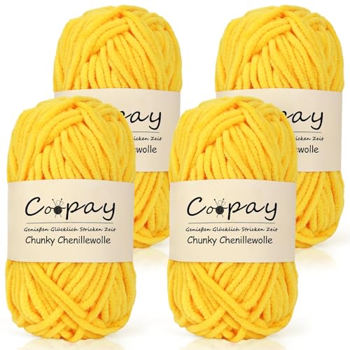 Coopay Chunky Wolle zum Häkeln, 4x50g Flauschig Chunky Chenille-Wolle zum Häkeln Dickes Garn, Super Weiches Dicke Wolle, Grobes Chenille-Garn für Hüte, Schals, Socken, Taschen - Goldgelb von Coopay