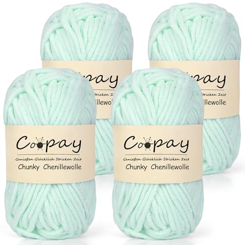 Coopay Chunky Wolle zum Häkeln, 4x50g Flauschig Chunky Chenille-Wolle zum Häkeln Dickes Garn, Super Weiches Dicke Wolle, Grobes Chenille-Garn für Hüte, Schals, Socken, Taschen - Helles Mint von Coopay