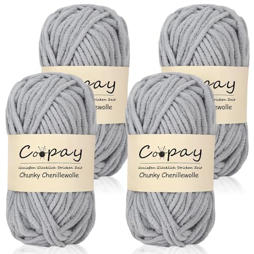 Coopay Chunky Wolle zum Häkeln, 4x50g Flauschig Chunky Chenille-Wolle zum Häkeln Dickes Garn, Super Weiches Dicke Wolle, Grobes Chenille-Garn für Hüte, Schals, Socken, Taschen - Hellgrau von Coopay