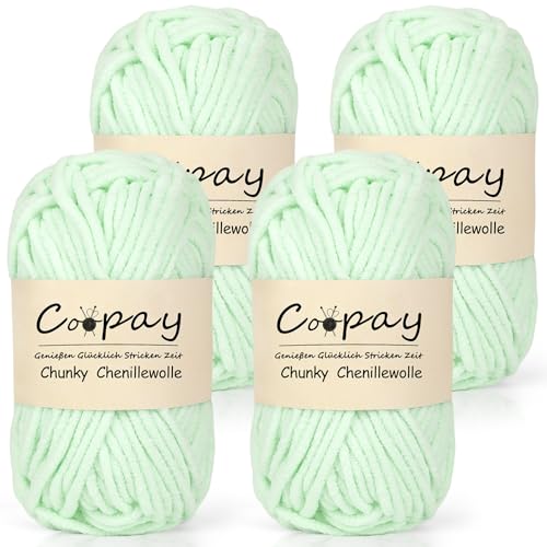 Coopay Chunky Wolle zum Häkeln, 4x50g Flauschig Chunky Chenille-Wolle zum Häkeln Dickes Garn, Super Weiches Dicke Wolle, Grobes Chenille-Garn für Hüte, Schals, Socken, Taschen - Hellgrün von Coopay