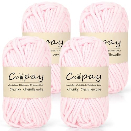 Coopay Chunky Wolle zum Häkeln, 4x50g Flauschig Chunky Chenille-Wolle zum Häkeln Dickes Garn, Super Weiches Dicke Wolle, Grobes Chenille-Garn für Hüte, Schals, Socken, Taschen - Hellrosa von Coopay