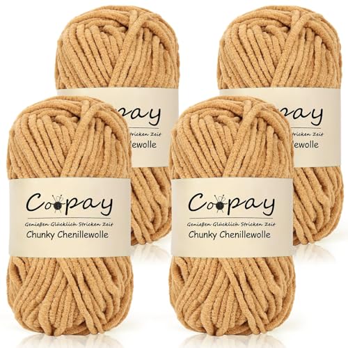 Coopay Chunky Wolle zum Häkeln, 4x50g Flauschig Chunky Chenille-Wolle zum Häkeln Dickes Garn, Super Weiches Dicke Wolle, Grobes Chenille-Garn für Hüte, Schals, Socken, Taschen - Khaki von Coopay