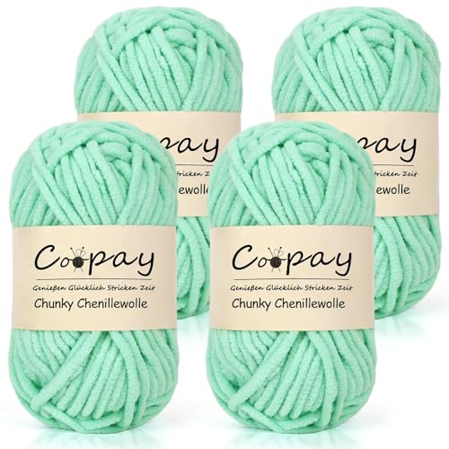 Coopay Chunky Wolle zum Häkeln, 4x50g Flauschig Chunky Chenille-Wolle zum Häkeln Dickes Garn, Super Weiches Dicke Wolle, Grobes Chenille-Garn für Hüte, Schals, Socken, Taschen - Mint von Coopay