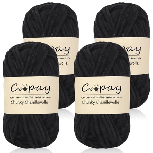 Coopay Wolle zum Häkeln,4 x 50g Chunky Wolle zum Häkeln Dickes Garn, Flauschige Dick Wolle zum Handstricken, Schwarz von Coopay