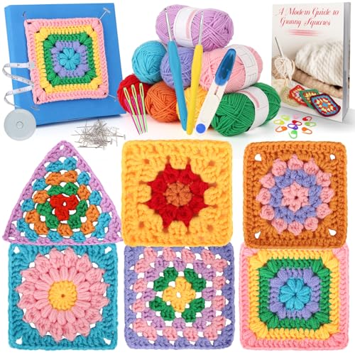 Coopay Granny Squares Häkelset für Anfänger, 6 Verschiedene Arten von Granny Squares, Anfänger Häkelset mit Anleitung und Garn, Komplettes Häkelset, Lernen Sie das Häkeln von Granny Squares von Coopay