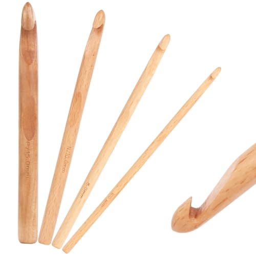 Coopay Häkelnadel Set für Anfänger mit Hawksbill Häkelkopf, 6,0mm, 8,0mm, 10mm, 15mm Holz Häkelnadeln mit Ergonomisch Girff, 4 Stück Jumbo Häkelnadeln Set für Chunky Wolle, 17cm Lang Häkelnadel von Coopay