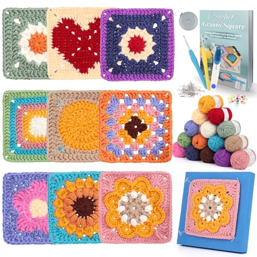 Coopay Häkelset für Anfänger, 9-in-1 Granny Squares Häkel Set mit Schritt-für-Schritt Anleitung und Garn, Komplettes Häkelset für Granny Squares, DIY Häkel Set für Granny Square mit Häkelnadel von Coopay