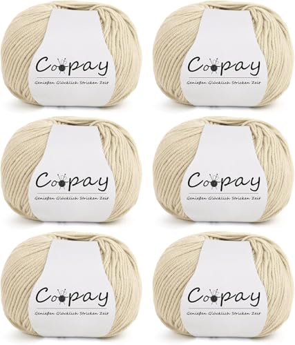 Coopay Merinowolle zum Stricken, 6x50g Weiche Merino Wolle aus 100% Schurwolle zum Häkeln & Stricken, Merino Wolle zum Häkeln für Babydecke, Nadelstärke 2,0-3,5mm, Merino Wolle Stricken - Beige von Coopay