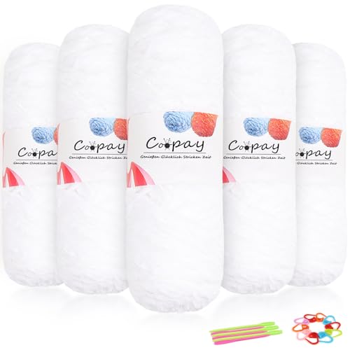 Coopay Samt Chenille Wolle, 500g (5x100g) Velvet Chenillegarn Wolle zum Häkeln&Stricken, Flauschige Weicher Babywolle für Kinder, Samtig Chenillewolle mit Häkelzubehör für Puppen, Schals - Weiß von Coopay