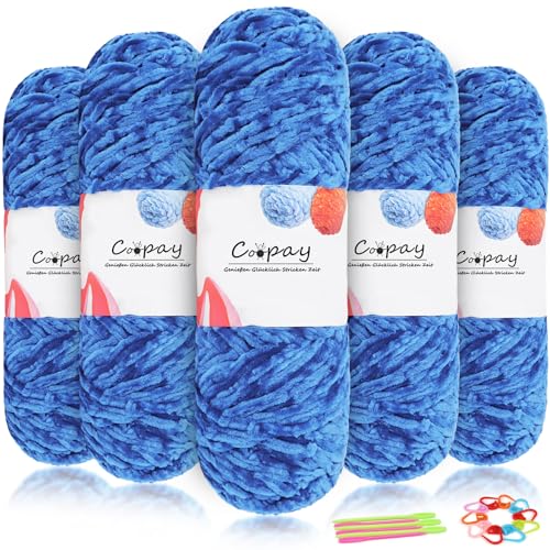 Coopay Samt Chenille Wolle, 500g (5x100g) Velvet Chenillegarn Wolle zum Häkeln&Stricken, Flauschige Weicher Babywolle für Kinder, Samtig Chenillewolle mit Häkelzubehör für Puppen, Schals - Saphirblau von Coopay