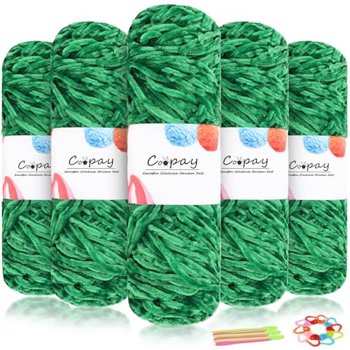 Coopay Samt Chenille Wolle, 500g (5x100g) Velvet Chenillegarn Wolle zum Häkeln&Stricken, Flauschige Weicher Babywolle für Kinder, Samtig Chenillewolle mit Häkelzubehör für Puppen, Schals - Fruchtgrün von Coopay