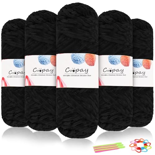 Coopay Samt Chenille Wolle, 500g (5x100g) Velvet Chenillegarn Wolle zum Häkeln&Stricken, Flauschige Weicher Babywolle für Kinder, Samtig Chenillewolle mit Häkelzubehör für Puppen, Schals - Schwarz von Coopay