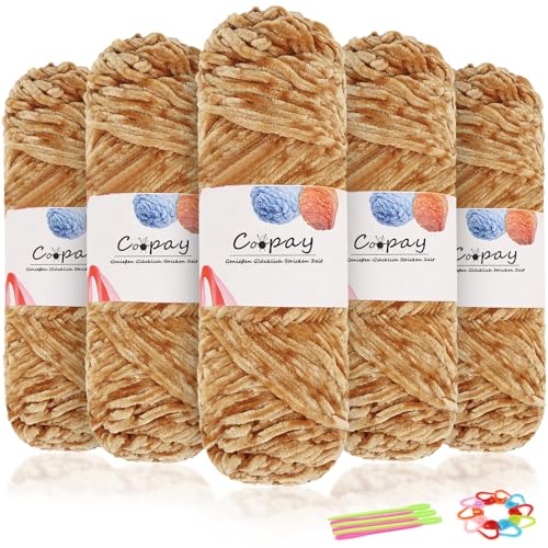 Coopay Samt Chenille Wolle, 500g (5x100g) Velvet Chenillegarn Wolle zum Häkeln&Stricken, Flauschige Weicher Babywolle für Kinder, Samtig Chenillewolle mit Häkelzubehör für Puppen, Schals - Khaki von Coopay