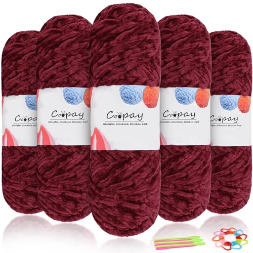 Coopay Samt Chenille Wolle, 500g (5x100g) Velvet Chenillegarn Wolle zum Häkeln&Stricken, Flauschige Weicher Babywolle für Kinder, Samtig Chenillewolle mit Häkelzubehör für Puppen, Schals - Fuchsie von Coopay