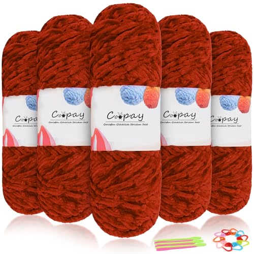 Coopay Samt Chenille Wolle, 500g (5x100g) Velvet Chenillegarn Wolle zum Häkeln&Stricken, Flauschige Weicher Babywolle für Kinder, Samtig Chenillewolle mit Häkelzubehör für Puppen, Schals - Rostrot von Coopay