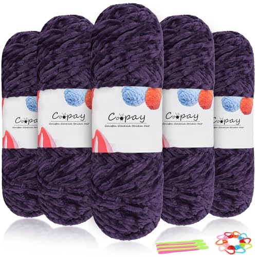 Coopay Samt Chenille Wolle, 500g (5x100g) Velvet Chenillegarn Wolle zum Häkeln&Stricken, Flauschige Weicher Babywolle für Kinder, Samtig Chenillewolle mit Häkelzubehör für Puppen, Schals - Violett von Coopay