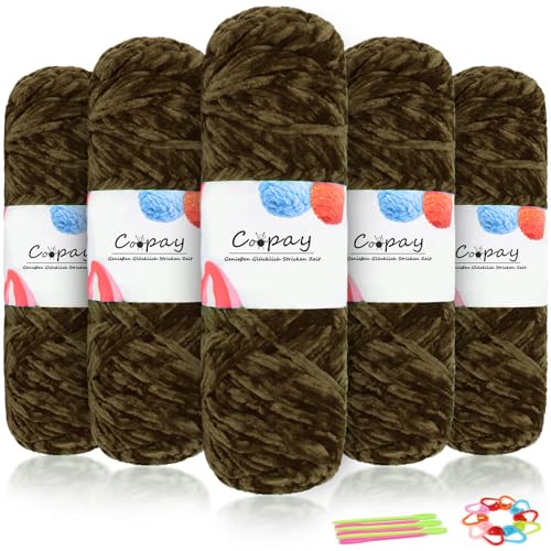 Coopay Samt Chenille Wolle, 500g (5x100g) Velvet Chenillegarn Wolle zum Häkeln&Stricken, Flauschige Weicher Babywolle für Kinder, Samtig Chenillewolle mit Häkelzubehör für Puppen, Schals - Olivgrün von Coopay