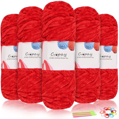 Coopay Samt Chenille Wolle, 500g (5x100g) Velvet Chenillegarn Wolle zum Häkeln&Stricken, Flauschige Weicher Babywolle für Kinder, Samtig Chenillewolle mit Häkelzubehör für Puppen, Schals - Rot von Coopay