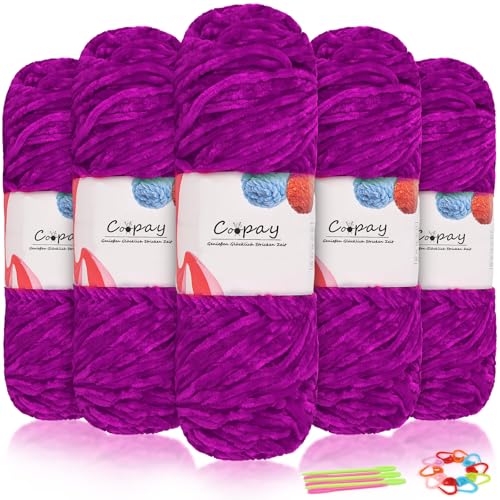 Coopay Samt Chenille Wolle, 500g (5x100g) Velvet Chenillegarn Wolle zum Häkeln&Stricken, Flauschige Weicher Babywolle für Kinder, Samtig Chenillewolle mit Häkelzubehör für Schals - Helles Rosa Violett von Coopay