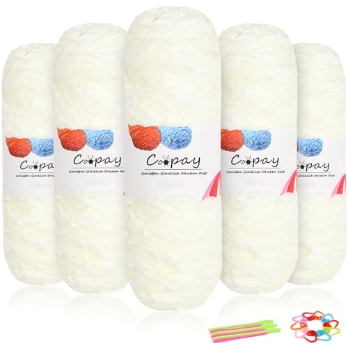 Coopay Samt Chenille Wolle, 500g (5x100g) Velvet Chenillegarn Wolle zum Häkeln&Stricken, Flauschige Weicher Babywolle für Kinder, Samtig Chenillewolle mit Häkelzubehör für Schals - Milchig Weiß von Coopay