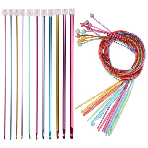 Coopay Tunesische Häkelnadel Set, 12 Stück Bunt Tunesisch Häkelnadeln mit Seil und 11 Stück Aluminium Tunesische Stricknadeln Häkeln, Leicht Tunesische Häkelnadelset für Anfänger, Afghan Häkelnadeln von Coopay