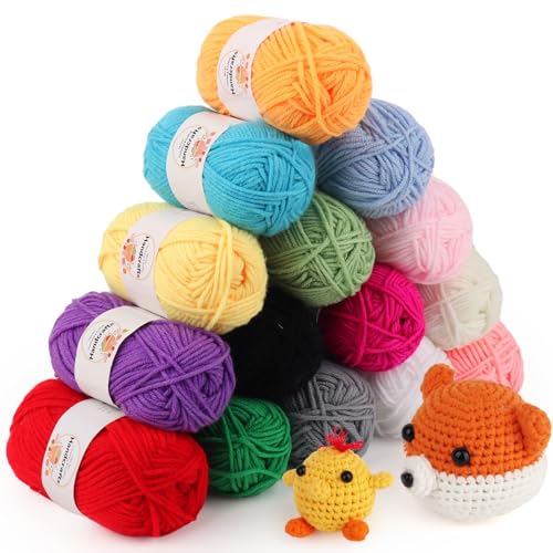 Coopay 15 Farbe Wolle zum Häkeln für Anfänger, 15 x 25g Weicher Bunt Wolle zum Stricken, 4 Faiding Acryl Häkelgarn für Kinder, Häkeln Wolle Amigurumi Wolle für Puppen, Taschen, Untersetzer von Coopay