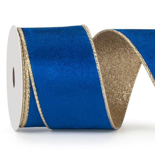 Blaues Samtband mit Draht für Weihnachtsbaum, Samtband 6,3 cm × 9,1 m breit, blaues und goldenes verdrahtetes Samtband für Geschenkverpackungen, Ornamente, Kränze, Handwerk, Topperschleife, von Coowayze