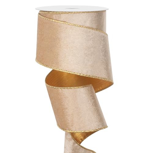 Drahtgebundenes Weihnachts-Samtband mit goldenem Rand, 6,3 cm × 9,1 m, Champagner-Gold, breites Drahtband für Weihnachtsbaumschmuck, Geschenkverpackungen, Kränze, Basteln, Topper-Schleife, von Coowayze