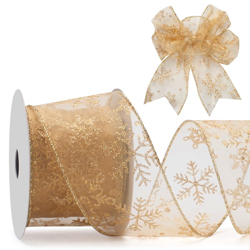 Goldfarbenes Organza-Band mit Draht und goldenem Glitzer-Schneeflocken-Muster, 6,3 cm x 20 m, Schneeflocken-Glitzerband für Weihnachtsbaum, Geschenkverpackungen, Basteln, Schleifen, Blumen, Girlanden von Coowayze