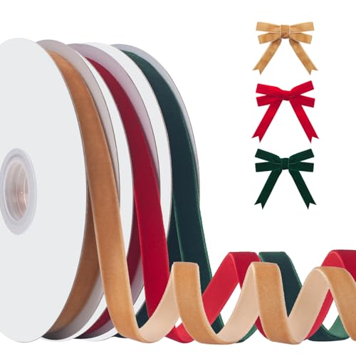 Samtband für Geschenkverpackungen, Weihnachtsbaumschmuck, 3 Rollen, 1,9 cm, 30 m, total dünnes Vintage-Samtband für Blumenstrauß, Haarschleifen, Geschenkverpackung, Khaki/Rot/Grün von Coowayze