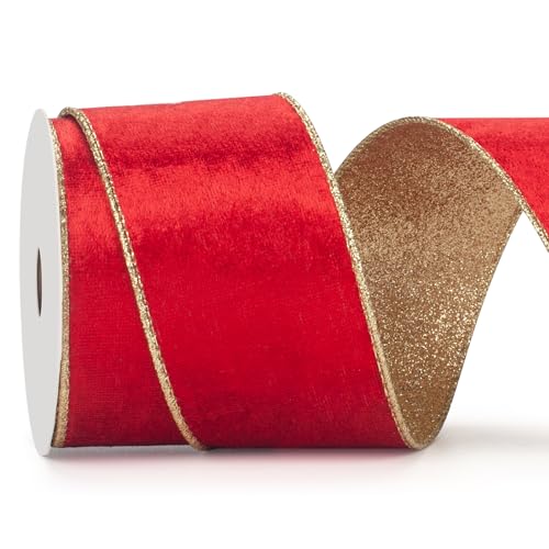 Samtband mit Draht für Weihnachtsbaum, 6,3 cm × 9,1 m, rotes und goldenes Samtband mit goldener Glitzer-Rückseite für Geschenkverpackungen, Ornamente, Kränze, Handwerk, Topperschleife, von Coowayze