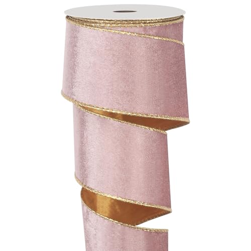 Samtband mit Draht für Weihnachtsbaum, rosa Samtband für Geschenkverpackungen, 6,3 cm x 9,1 m breit, rosa und goldfarbenes Band für Ornamente, Kränze, Handwerk, Topperschleife, Hochzeitsdekoration von Coowayze