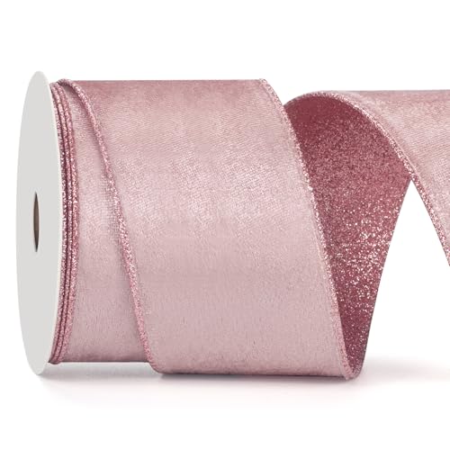 Samtband mit Draht zum Verpacken von Geschenken, 6,3 cm × 9,1 m breit, rosa verdrahtetes Samtband mit Glitzer-Rückseite für Weihnachtsbaum, Ornamente, Kränze, Handwerk, Topperschleife von Coowayze