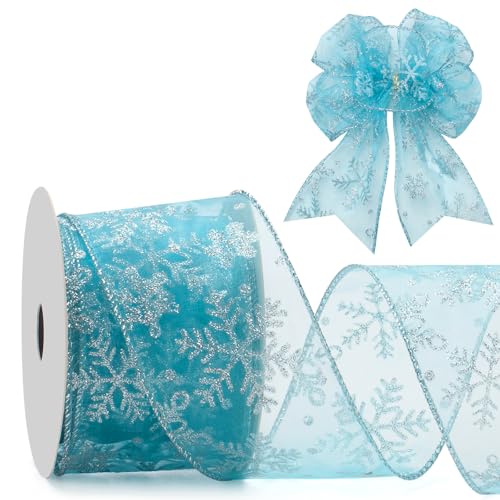 Schneeflocken-Glitzer-Drahtband für Weihnachtsbaum, Geschenkverpackung, 6,3 cm x 20 m, hellblau, durchscheinendes Organzaband mit silbernem Glitzer-Schneeflockenmuster für Bastelarbeiten, Blumen, von Coowayze